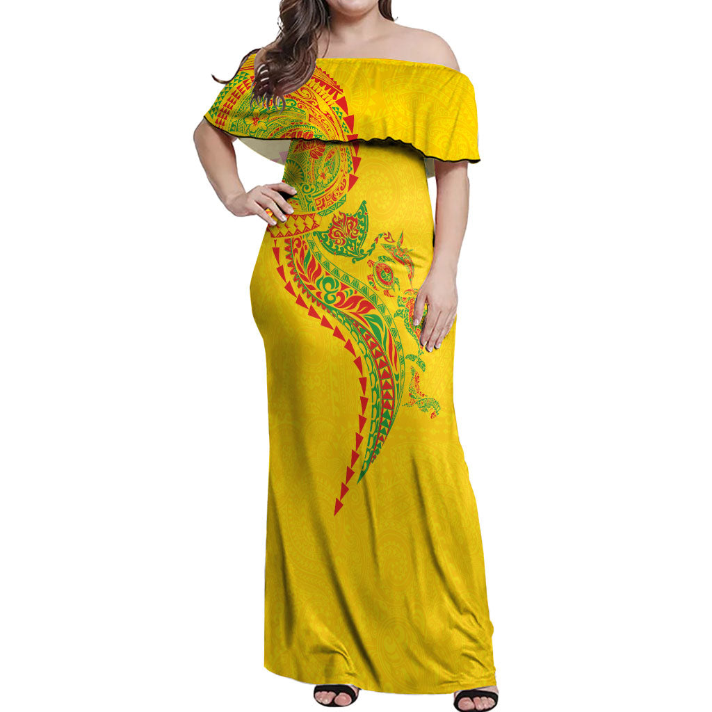 Hawaiian Kakau Tribal Sea Animals Tattoos Off Shoulder Maxi Dress Kanaka Maoli Flag Color Inspired