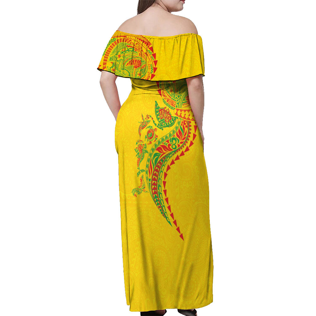 Hawaiian Kakau Tribal Sea Animals Tattoos Off Shoulder Maxi Dress Kanaka Maoli Flag Color Inspired LT03 - Polynesian Pride