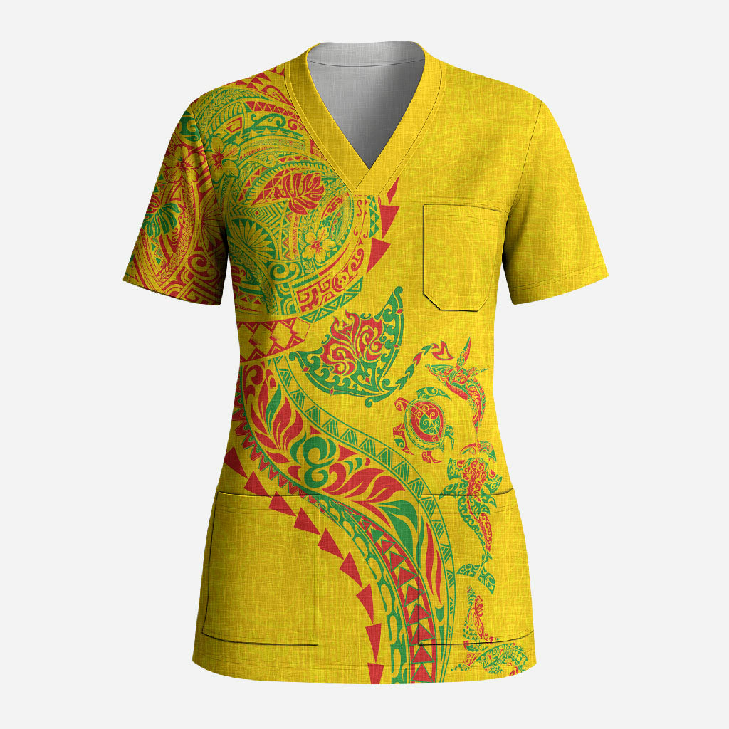 Hawaiian Kakau Tribal Sea Animals Tattoos Scrub Top Kanaka Maoli Flag Color Inspired