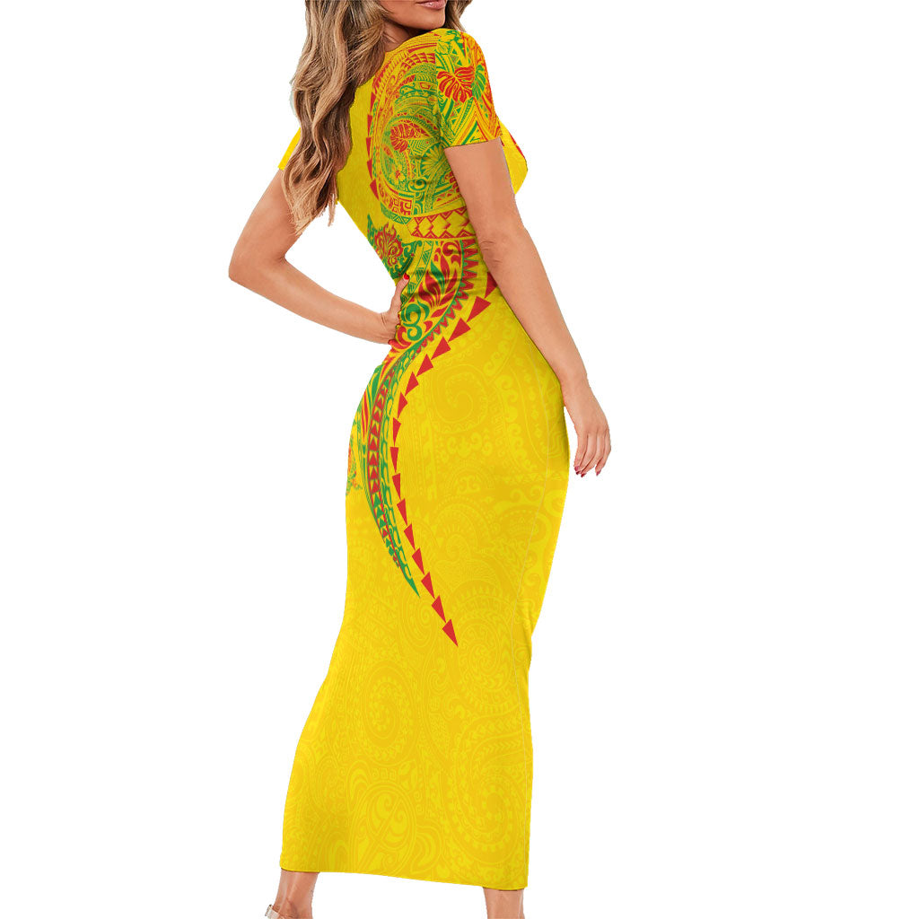 Hawaiian Kakau Tribal Sea Animals Tattoos Short Sleeve Bodycon Dress Kanaka Maoli Flag Color Inspired LT03 - Polynesian Pride