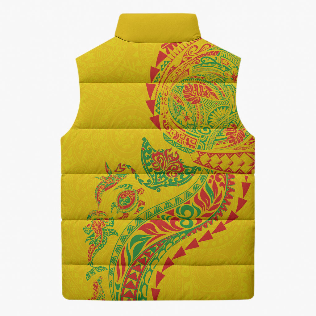 Hawaiian Kakau Tribal Sea Animals Tattoos Sleeveless Puffer Jacket Kanaka Maoli Flag Color Inspired LT03 - Polynesian Pride