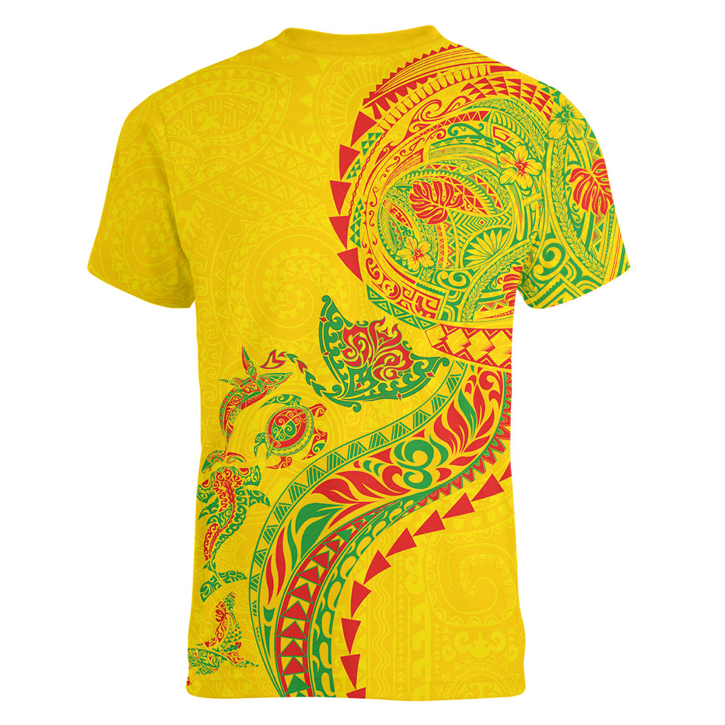 Hawaiian Kakau Tribal Sea Animals Tattoos Women V-Neck T-Shirt Kanaka Maoli Flag Color Inspired LT03 - Polynesian Pride