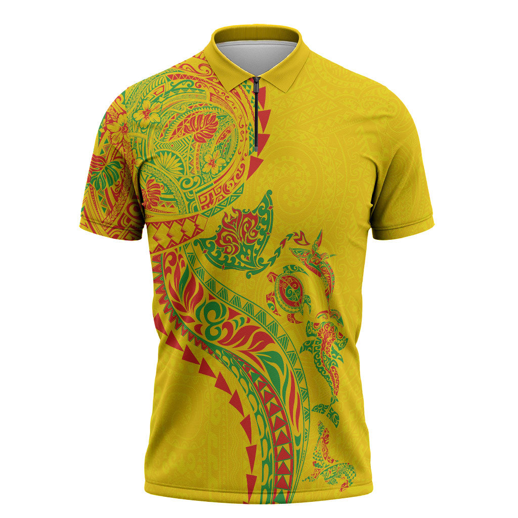 Hawaiian Kakau Tribal Sea Animals Tattoos Zipper Polo Shirt Kanaka Maoli Flag Color Inspired LT03 Multicolor - Polynesian Pride