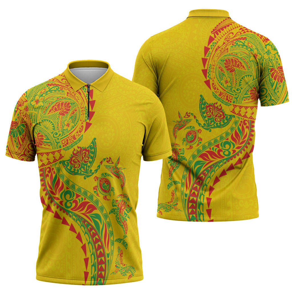 Hawaiian Kakau Tribal Sea Animals Tattoos Zipper Polo Shirt Kanaka Maoli Flag Color Inspired LT03 - Polynesian Pride