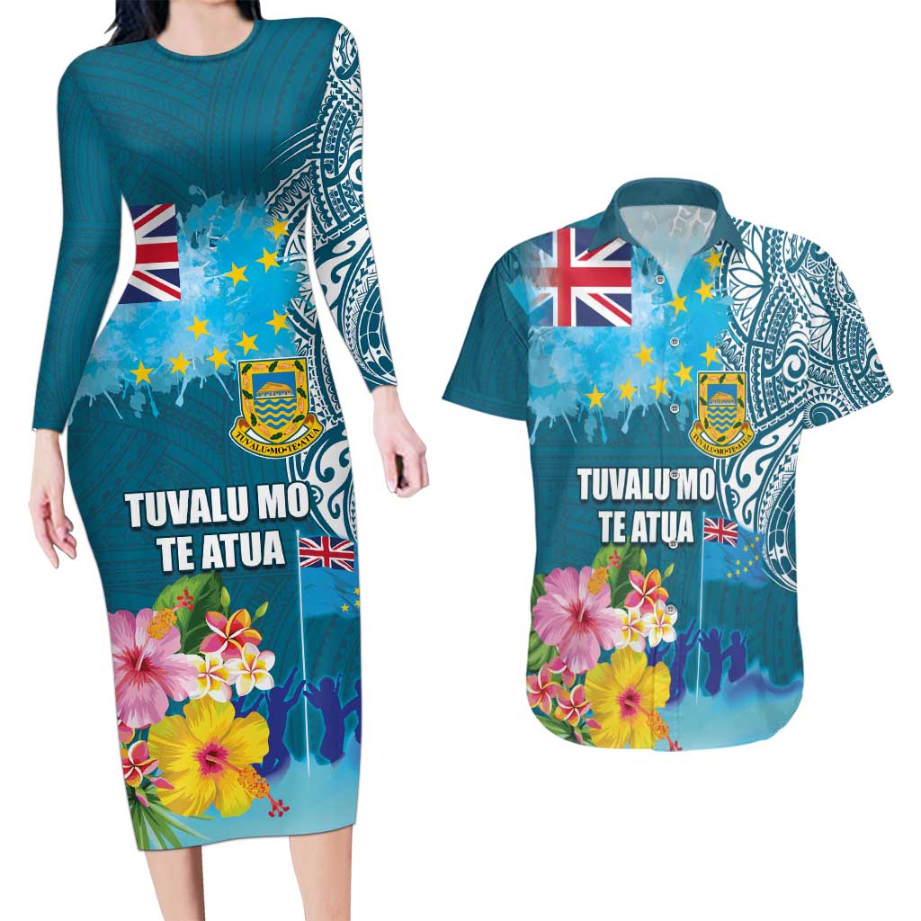Personalised Tuvalu Independence Day Couples Matching Long Sleeve Bodycon Dress and Hawaiian Shirt Tuvaluan Tribal Flag Style LT03 Turquoise - Polynesian Pride