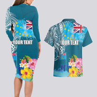 Personalised Tuvalu Independence Day Couples Matching Long Sleeve Bodycon Dress and Hawaiian Shirt Tuvaluan Tribal Flag Style LT03 - Polynesian Pride