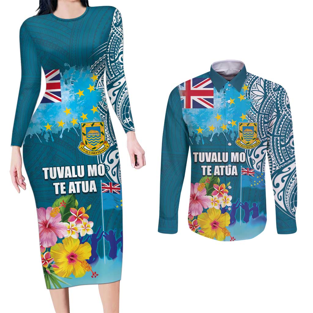 Personalised Tuvalu Independence Day Couples Matching Long Sleeve Bodycon Dress and Long Sleeve Button Shirt Tuvaluan Tribal Flag Style LT03 Turquoise - Polynesian Pride