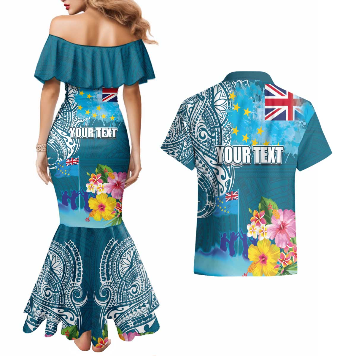 Personalised Tuvalu Independence Day Couples Matching Mermaid Dress and Hawaiian Shirt Tuvaluan Tribal Flag Style LT03 - Polynesian Pride