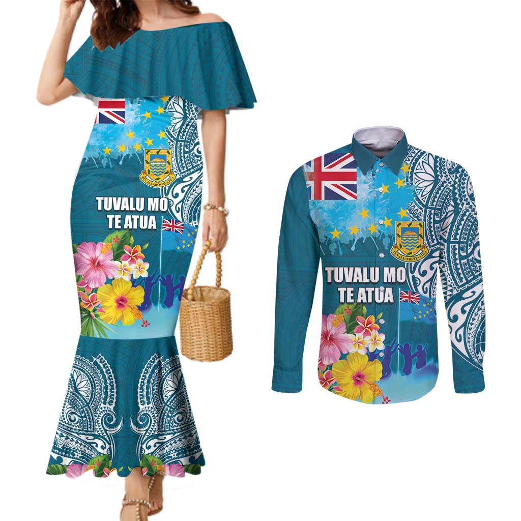 Personalised Tuvalu Independence Day Couples Matching Mermaid Dress and Long Sleeve Button Shirt Tuvaluan Tribal Flag Style LT03 Turquoise - Polynesian Pride