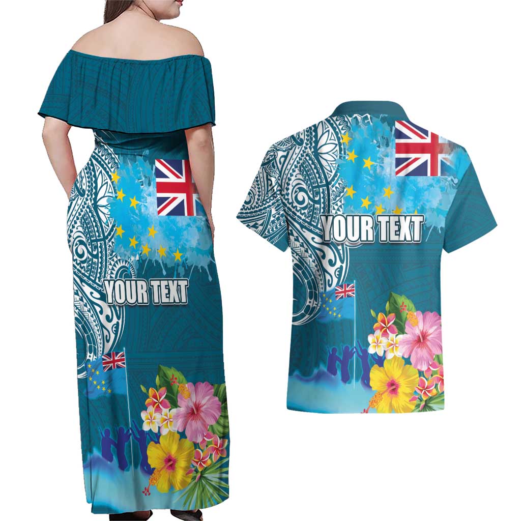 Personalised Tuvalu Independence Day Couples Matching Off Shoulder Maxi Dress and Hawaiian Shirt Tuvaluan Tribal Flag Style LT03 - Polynesian Pride