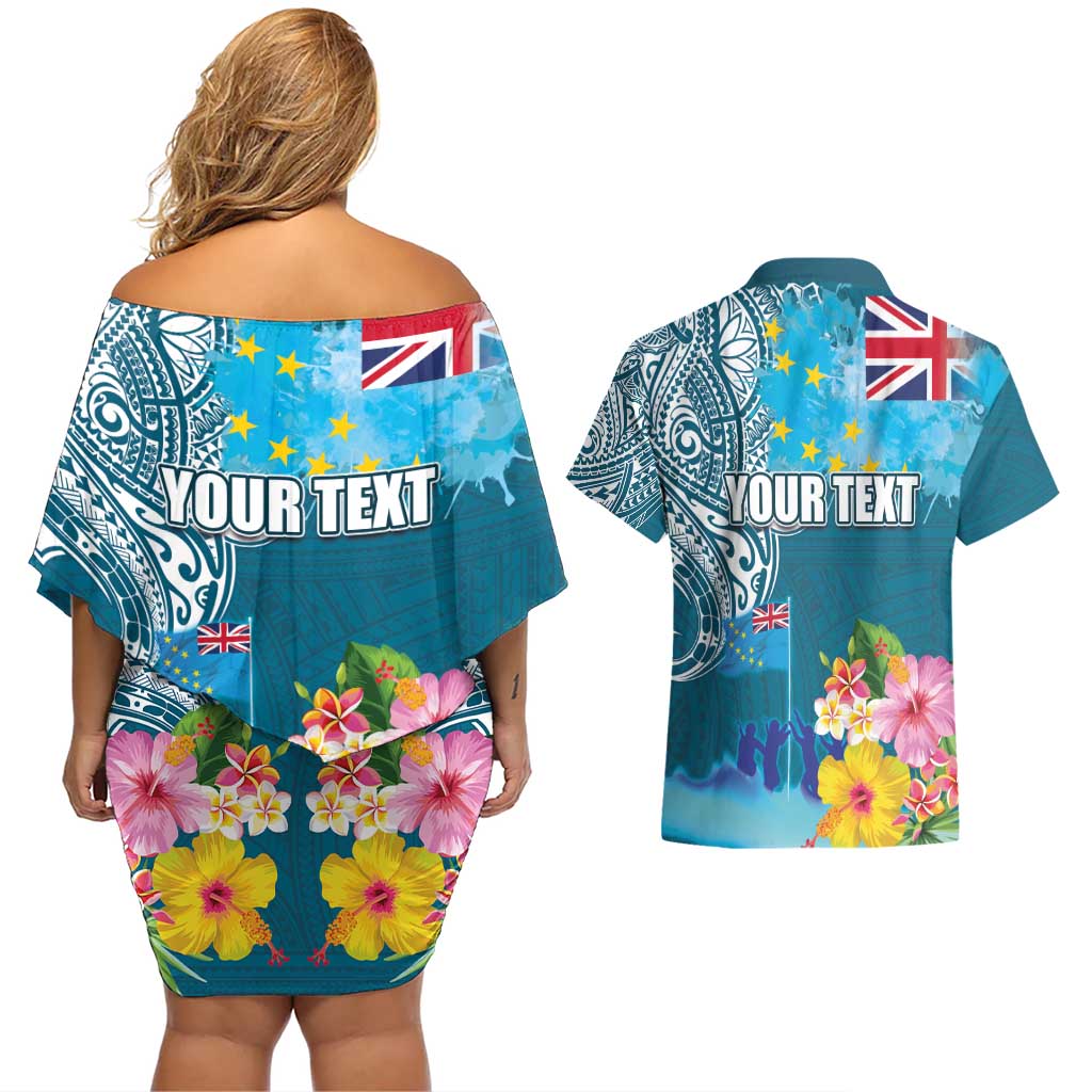 Personalised Tuvalu Independence Day Couples Matching Off Shoulder Short Dress and Hawaiian Shirt Tuvaluan Tribal Flag Style LT03 - Polynesian Pride