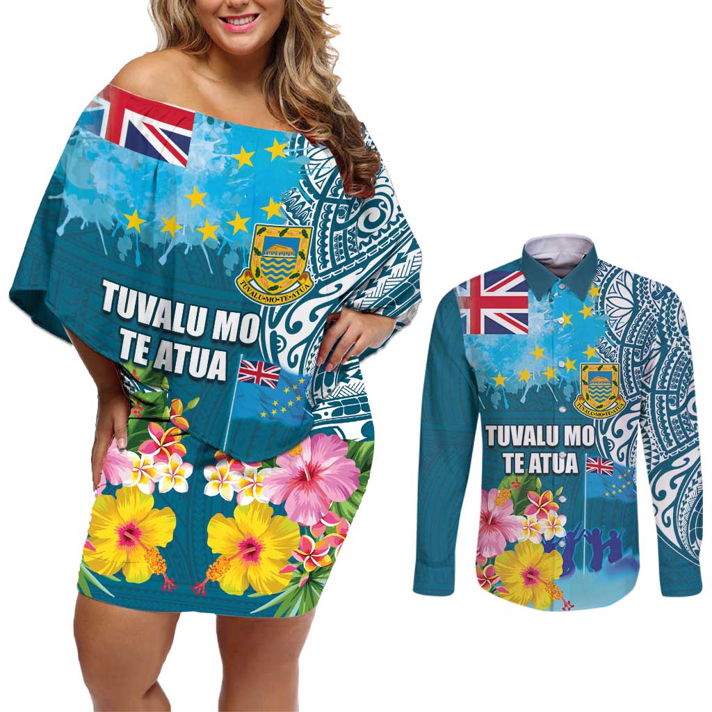 Personalised Tuvalu Independence Day Couples Matching Off Shoulder Short Dress and Long Sleeve Button Shirt Tuvaluan Tribal Flag Style LT03 Turquoise - Polynesian Pride