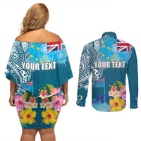 Personalised Tuvalu Independence Day Couples Matching Off Shoulder Short Dress and Long Sleeve Button Shirt Tuvaluan Tribal Flag Style LT03 - Polynesian Pride