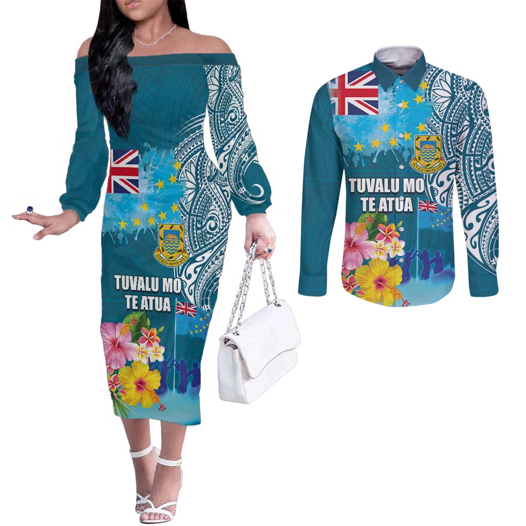 Personalised Tuvalu Independence Day Couples Matching Off The Shoulder Long Sleeve Dress and Long Sleeve Button Shirt Tuvaluan Tribal Flag Style LT03 Turquoise - Polynesian Pride