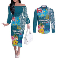 Personalised Tuvalu Independence Day Couples Matching Off The Shoulder Long Sleeve Dress and Long Sleeve Button Shirt Tuvaluan Tribal Flag Style LT03 Turquoise - Polynesian Pride