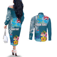 Personalised Tuvalu Independence Day Couples Matching Off The Shoulder Long Sleeve Dress and Long Sleeve Button Shirt Tuvaluan Tribal Flag Style LT03 - Polynesian Pride