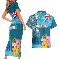Personalised Tuvalu Independence Day Couples Matching Short Sleeve Bodycon Dress and Hawaiian Shirt Tuvaluan Tribal Flag Style LT03 - Polynesian Pride