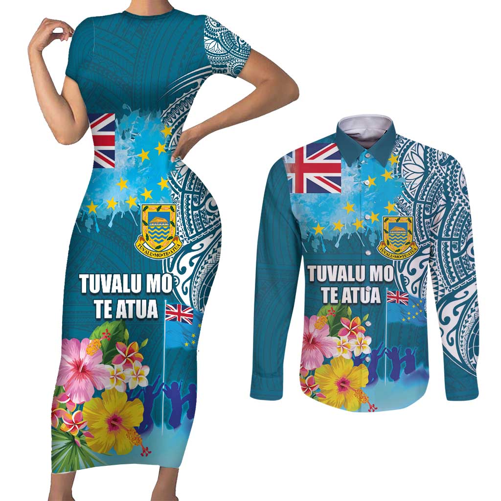 Personalised Tuvalu Independence Day Couples Matching Short Sleeve Bodycon Dress and Long Sleeve Button Shirt Tuvaluan Tribal Flag Style LT03 Turquoise - Polynesian Pride