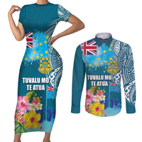 Personalised Tuvalu Independence Day Couples Matching Short Sleeve Bodycon Dress and Long Sleeve Button Shirt Tuvaluan Tribal Flag Style LT03 Turquoise - Polynesian Pride