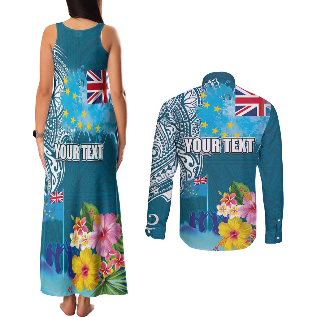 Personalised Tuvalu Independence Day Couples Matching Tank Maxi Dress and Long Sleeve Button Shirt Tuvaluan Tribal Flag Style LT03 - Polynesian Pride