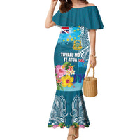 Personalised Tuvalu Independence Day Family Matching Mermaid Dress and Hawaiian Shirt Tuvaluan Tribal Flag Style LT03 Mom's Dress Turquoise - Polynesian Pride