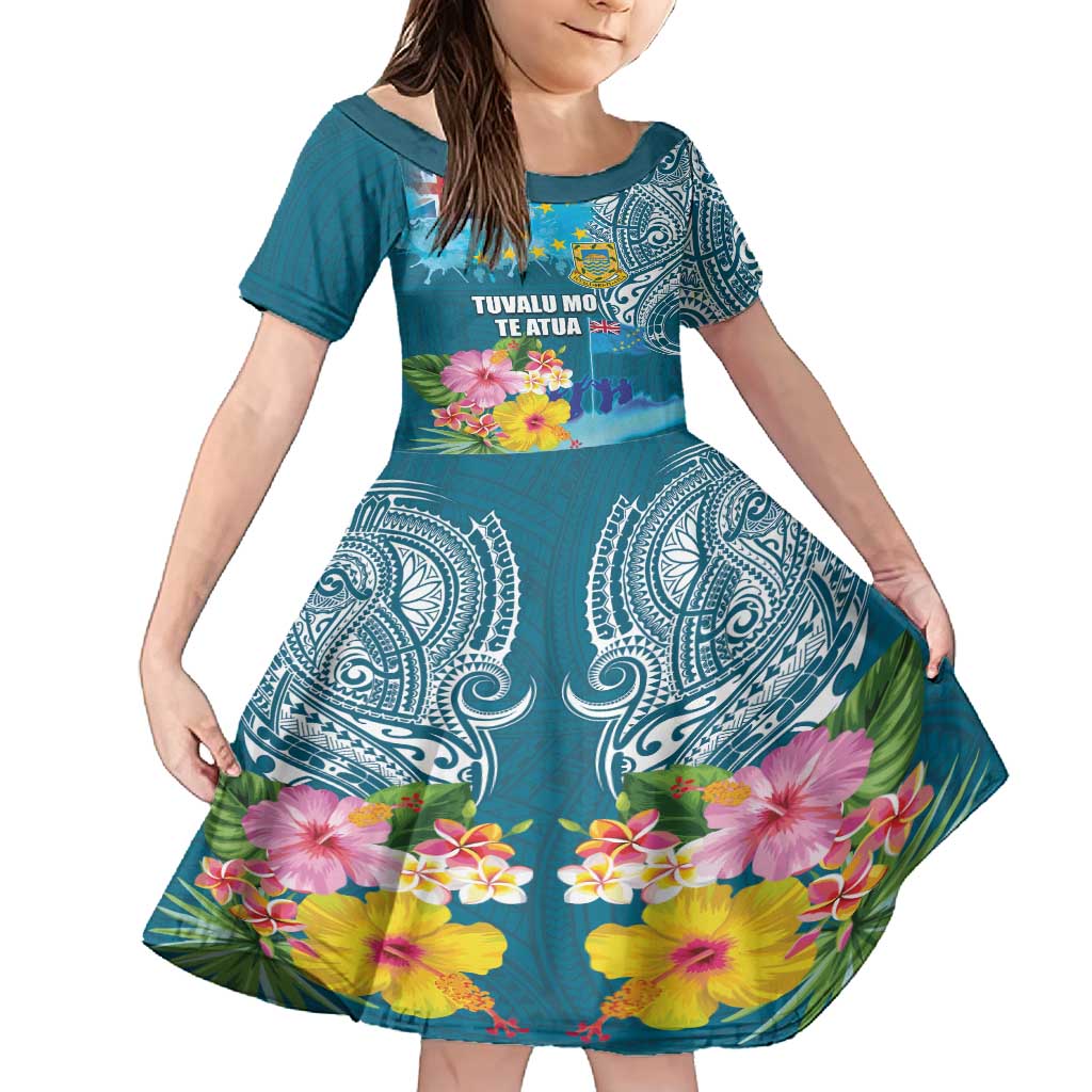 Personalised Tuvalu Independence Day Family Matching Off Shoulder Maxi Dress and Hawaiian Shirt Tuvaluan Tribal Flag Style LT03 Daughter's Dress Turquoise - Polynesian Pride
