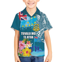 Personalised Tuvalu Independence Day Family Matching Off Shoulder Maxi Dress and Hawaiian Shirt Tuvaluan Tribal Flag Style LT03 Son's Shirt Turquoise - Polynesian Pride