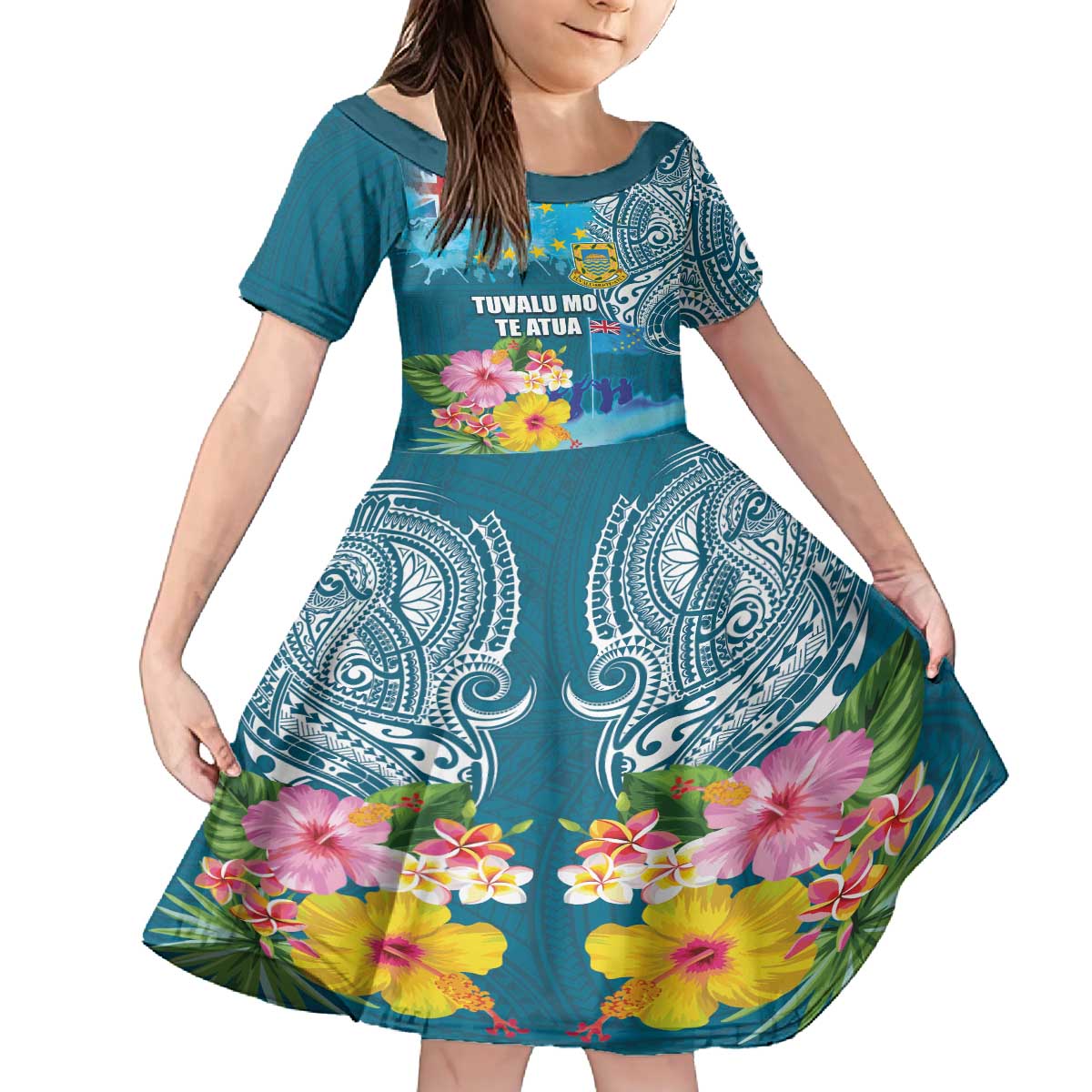Personalised Tuvalu Independence Day Family Matching Puletasi and Hawaiian Shirt Tuvaluan Tribal Flag Style LT03 Daughter's Dress Turquoise - Polynesian Pride