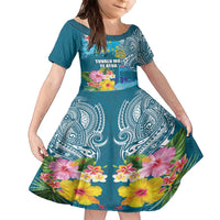 Personalised Tuvalu Independence Day Family Matching Puletasi and Hawaiian Shirt Tuvaluan Tribal Flag Style LT03 Daughter's Dress Turquoise - Polynesian Pride