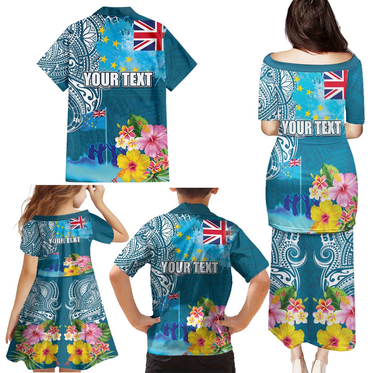 Personalised Tuvalu Independence Day Family Matching Puletasi and Hawaiian Shirt Tuvaluan Tribal Flag Style LT03 - Polynesian Pride