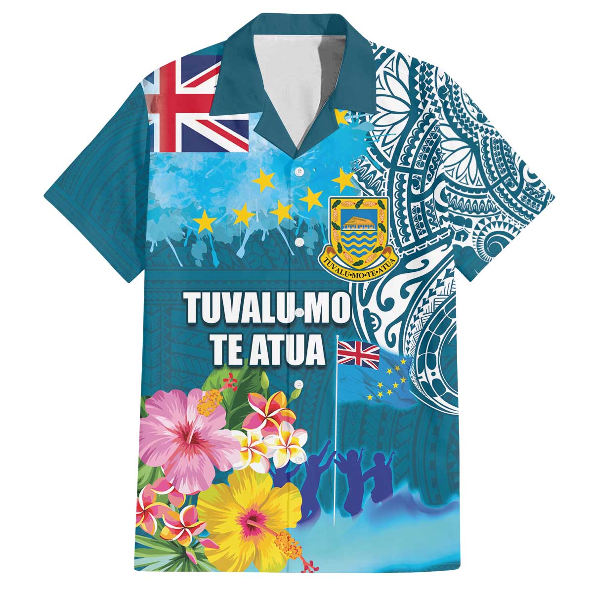 Personalised Tuvalu Independence Day Family Matching Puletasi and Hawaiian Shirt Tuvaluan Tribal Flag Style LT03 Dad's Shirt - Short Sleeve Turquoise - Polynesian Pride