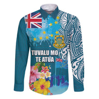 Personalised Tuvalu Independence Day Family Matching Puletasi and Hawaiian Shirt Tuvaluan Tribal Flag Style LT03 Dad's Shirt - Long Sleeve Turquoise - Polynesian Pride