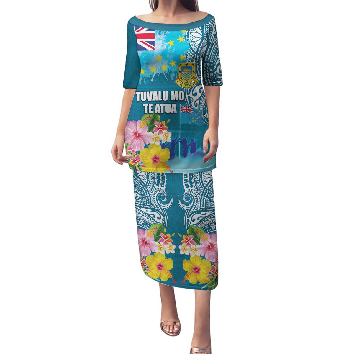 Personalised Tuvalu Independence Day Family Matching Puletasi and Hawaiian Shirt Tuvaluan Tribal Flag Style LT03 Mom's Dress Turquoise - Polynesian Pride