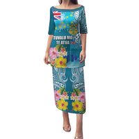 Personalised Tuvalu Independence Day Family Matching Puletasi and Hawaiian Shirt Tuvaluan Tribal Flag Style LT03 Mom's Dress Turquoise - Polynesian Pride