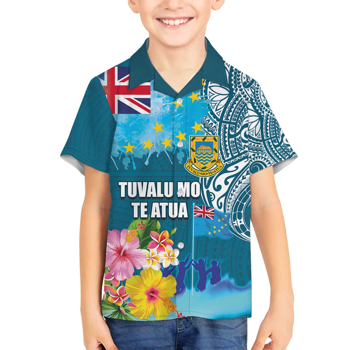 Personalised Tuvalu Independence Day Family Matching Puletasi and Hawaiian Shirt Tuvaluan Tribal Flag Style LT03 Son's Shirt Turquoise - Polynesian Pride