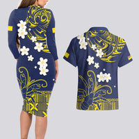 Niue Independence Day Couples Matching Long Sleeve Bodycon Dress and Hawaiian Shirt Hiapo Pattern Fiti Pua and Uga LT03 - Polynesian Pride