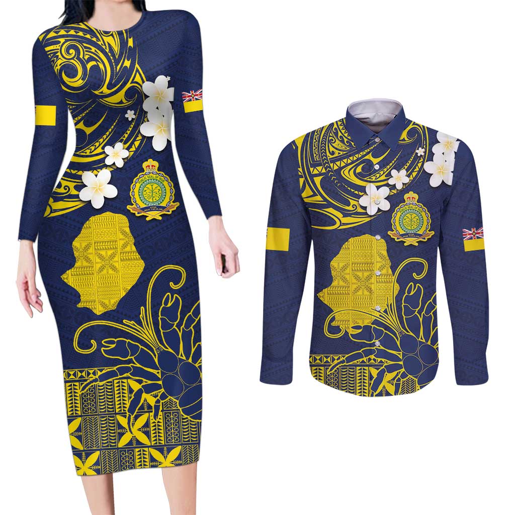 Niue Independence Day Couples Matching Long Sleeve Bodycon Dress and Long Sleeve Button Shirt Hiapo Pattern Fiti Pua and Uga LT03 Yellow - Polynesian Pride