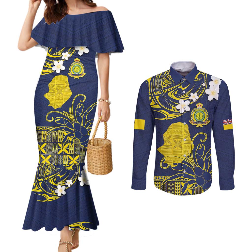 Niue Independence Day Couples Matching Mermaid Dress and Long Sleeve Button Shirt Hiapo Pattern Fiti Pua and Uga LT03 Yellow - Polynesian Pride