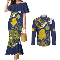 Niue Independence Day Couples Matching Mermaid Dress and Long Sleeve Button Shirt Hiapo Pattern Fiti Pua and Uga LT03 Yellow - Polynesian Pride