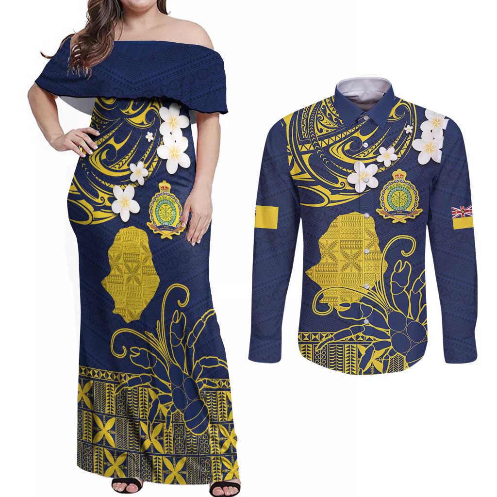 Niue Independence Day Couples Matching Off Shoulder Maxi Dress and Long Sleeve Button Shirt Hiapo Pattern Fiti Pua and Uga LT03 Yellow - Polynesian Pride