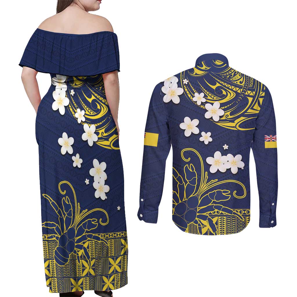 Niue Independence Day Couples Matching Off Shoulder Maxi Dress and Long Sleeve Button Shirt Hiapo Pattern Fiti Pua and Uga LT03 - Polynesian Pride