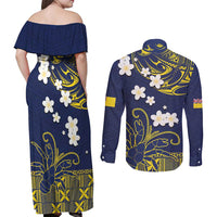 Niue Independence Day Couples Matching Off Shoulder Maxi Dress and Long Sleeve Button Shirt Hiapo Pattern Fiti Pua and Uga LT03 - Polynesian Pride