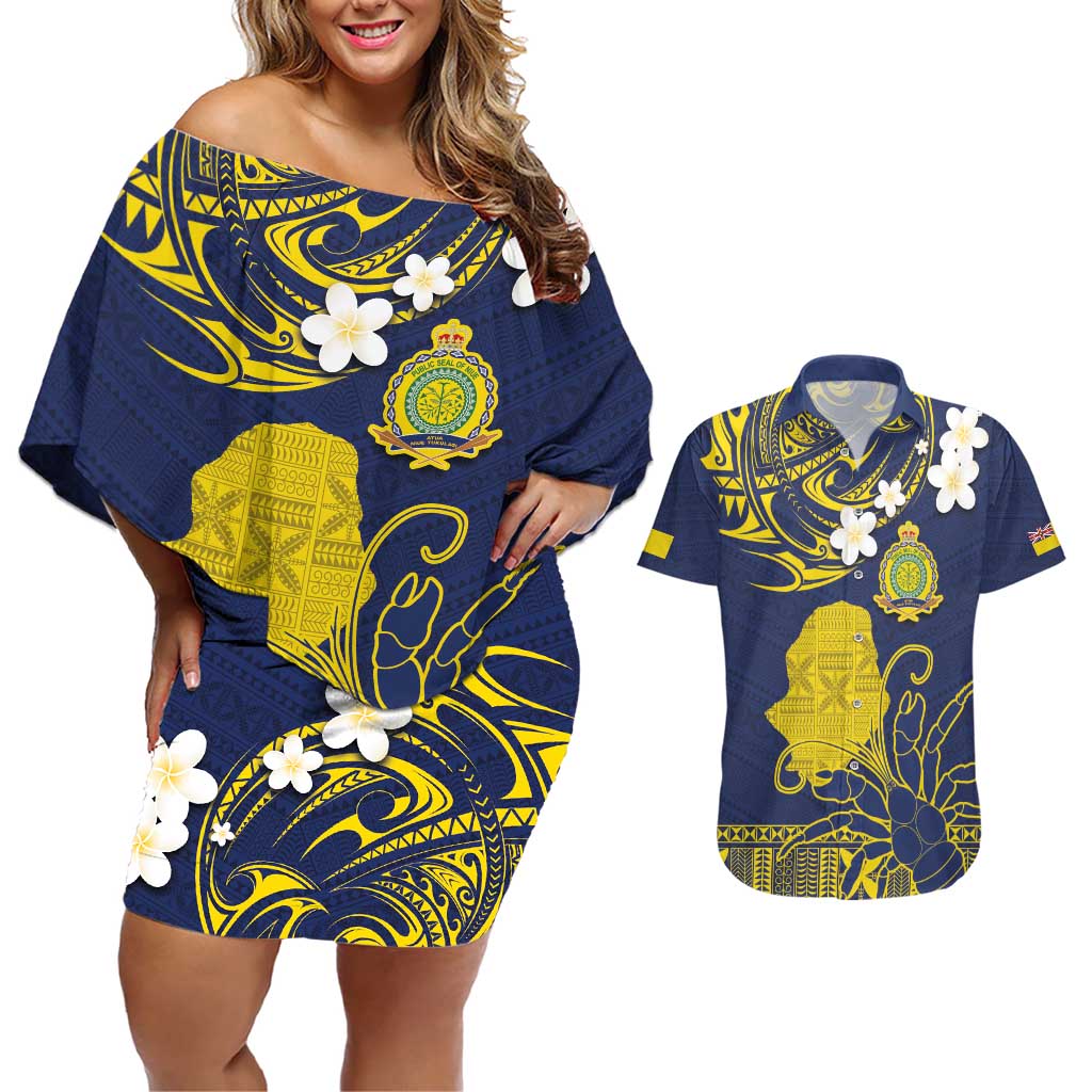 Niue Independence Day Couples Matching Off Shoulder Short Dress and Hawaiian Shirt Hiapo Pattern Fiti Pua and Uga LT03 Yellow - Polynesian Pride