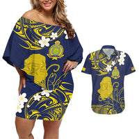 Niue Independence Day Couples Matching Off Shoulder Short Dress and Hawaiian Shirt Hiapo Pattern Fiti Pua and Uga LT03 Yellow - Polynesian Pride