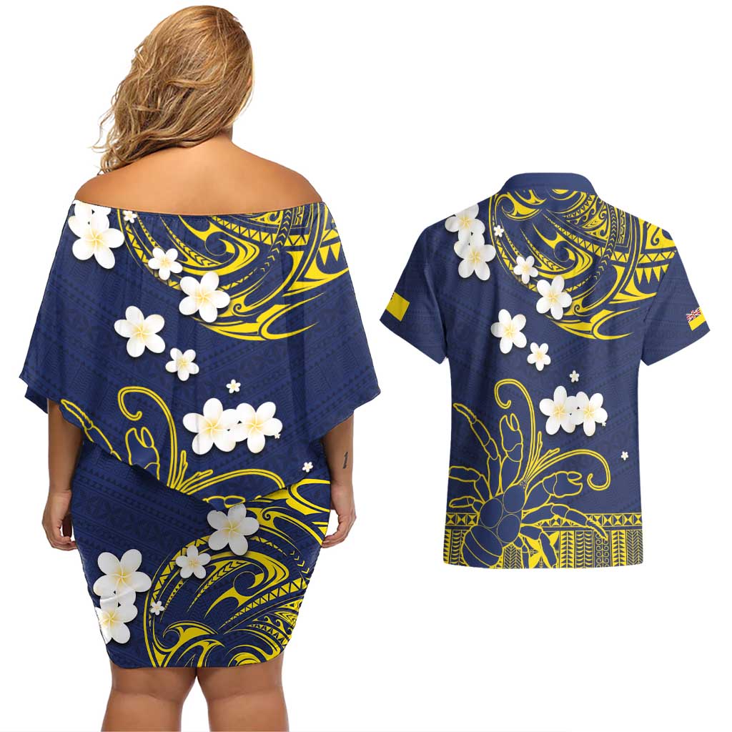 Niue Independence Day Couples Matching Off Shoulder Short Dress and Hawaiian Shirt Hiapo Pattern Fiti Pua and Uga LT03 - Polynesian Pride