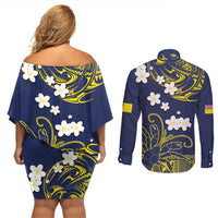 Niue Independence Day Couples Matching Off Shoulder Short Dress and Long Sleeve Button Shirt Hiapo Pattern Fiti Pua and Uga LT03 - Polynesian Pride