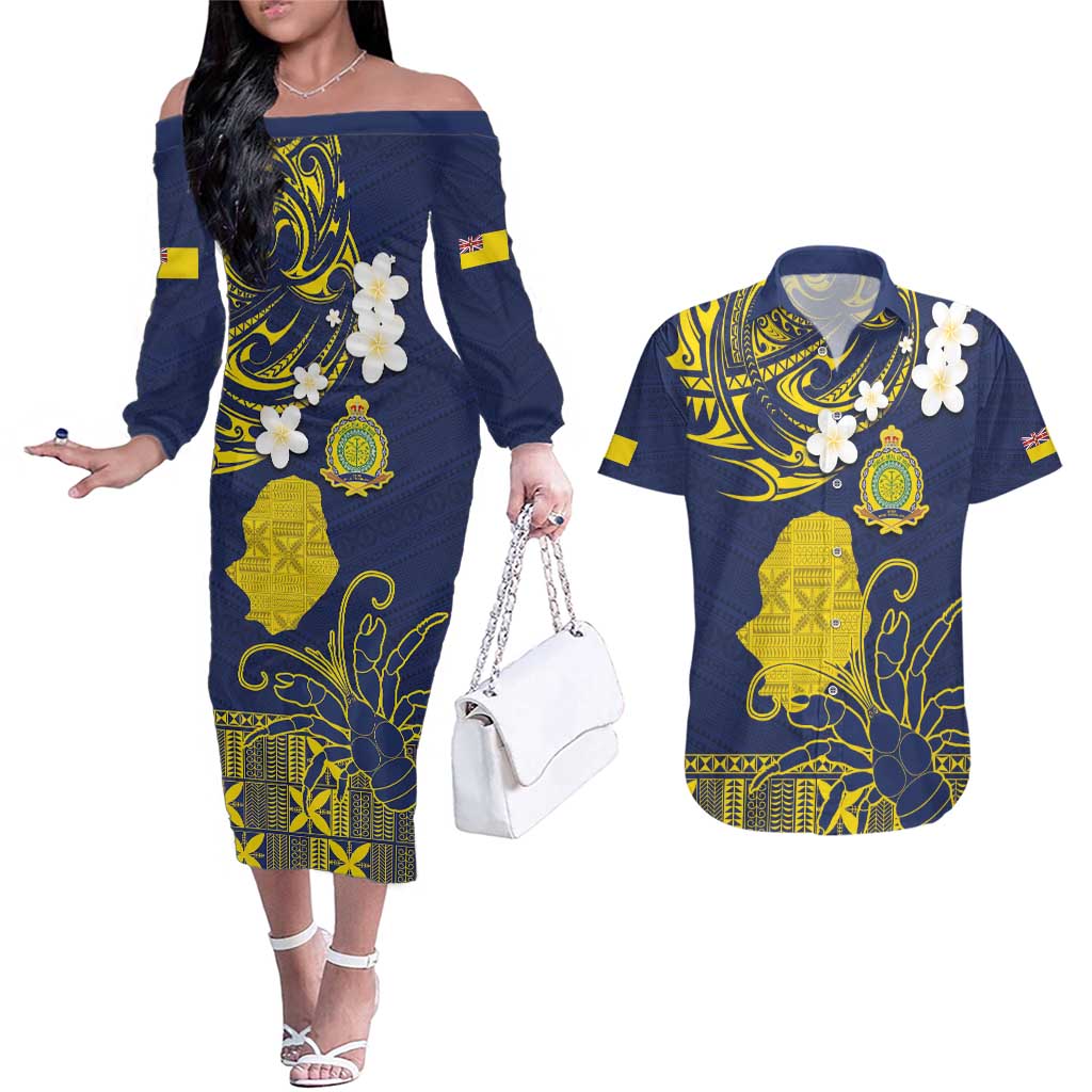 Niue Independence Day Couples Matching Off The Shoulder Long Sleeve Dress and Hawaiian Shirt Hiapo Pattern Fiti Pua and Uga LT03 Yellow - Polynesian Pride