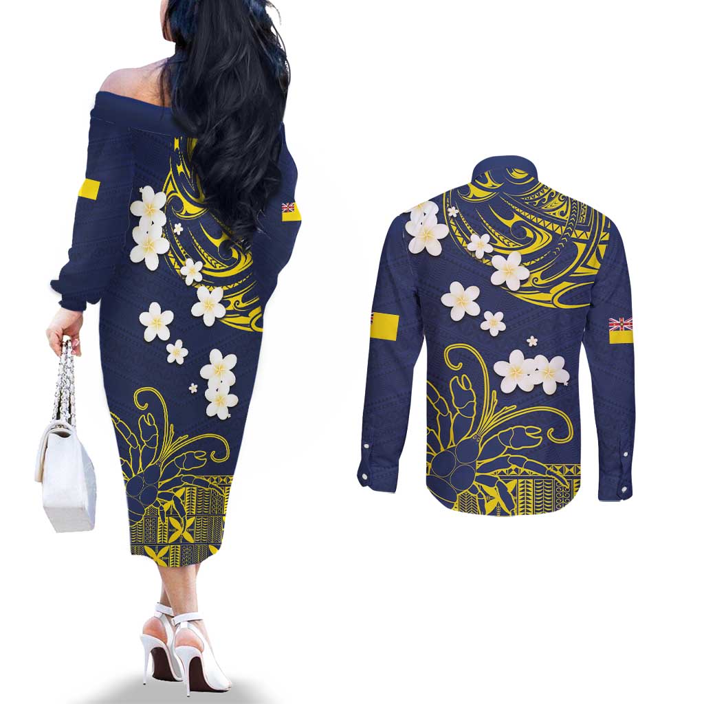 Niue Independence Day Couples Matching Off The Shoulder Long Sleeve Dress and Long Sleeve Button Shirt Hiapo Pattern Fiti Pua and Uga LT03 - Polynesian Pride