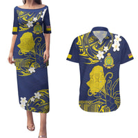Niue Independence Day Couples Matching Puletasi and Hawaiian Shirt Hiapo Pattern Fiti Pua and Uga LT03 Yellow - Polynesian Pride