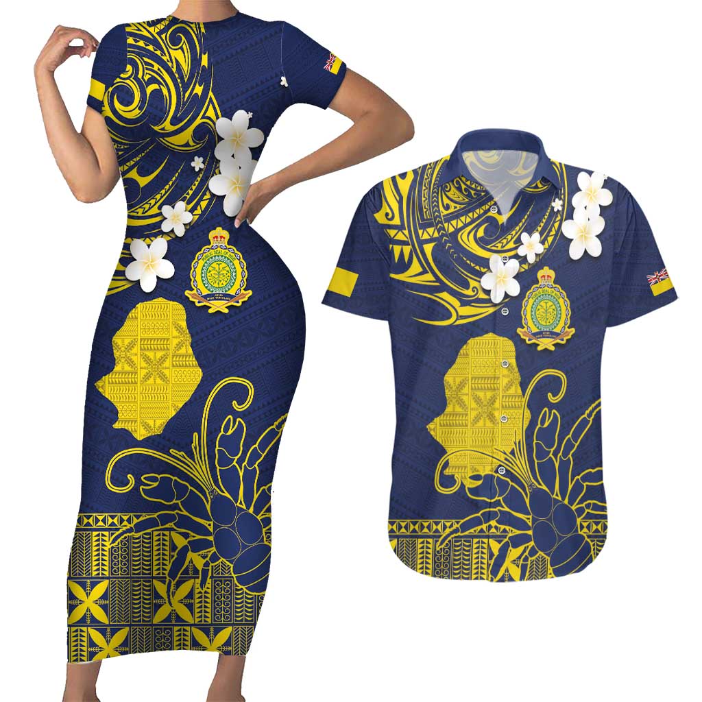 Niue Independence Day Couples Matching Short Sleeve Bodycon Dress and Hawaiian Shirt Hiapo Pattern Fiti Pua and Uga LT03 Yellow - Polynesian Pride